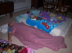 Note the discarded toddler sleeping bags on the left