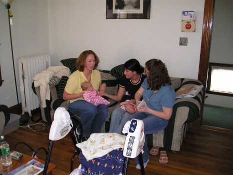 Cathy holding Maggie, Sharon holding Burke, and Nancy